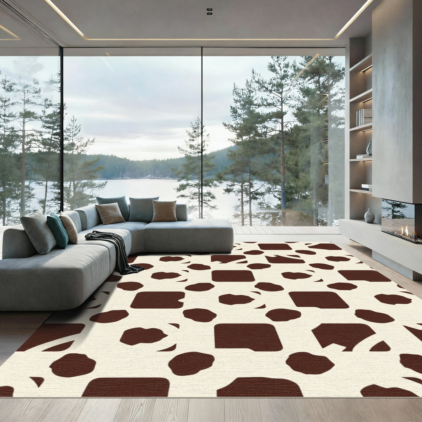 Brown Cream Abstract Blobs Squares Rug