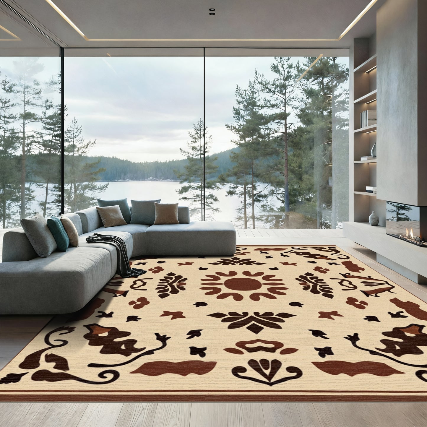 Brown Floral Medallion Symmetry Rug