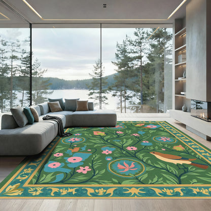 Green Floral Bird Botanical Garden Rug