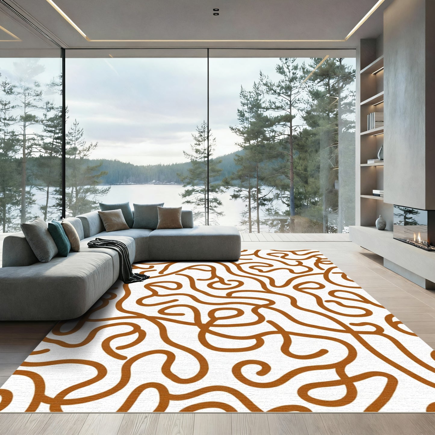 Warm Brown Organic Line Art Rug