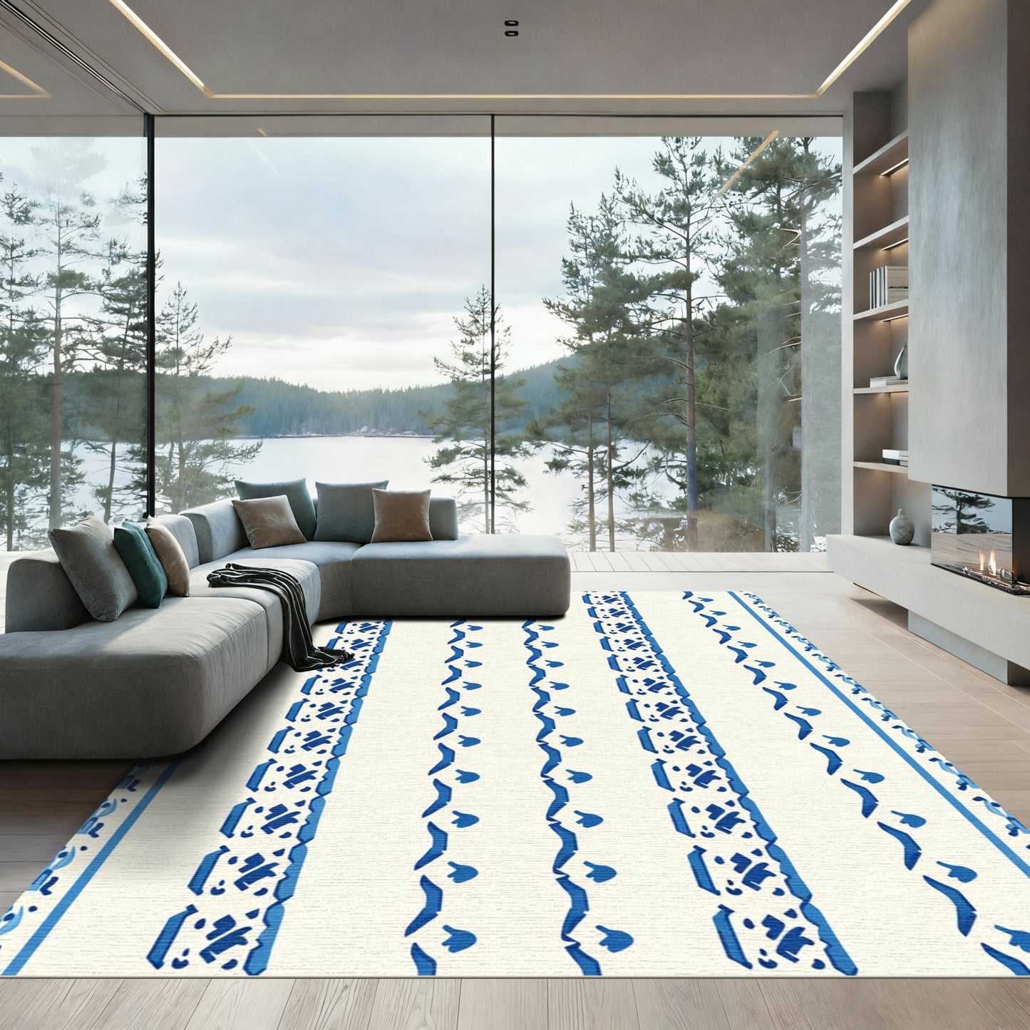 Blue White Vertical Stripe Medallion Rug