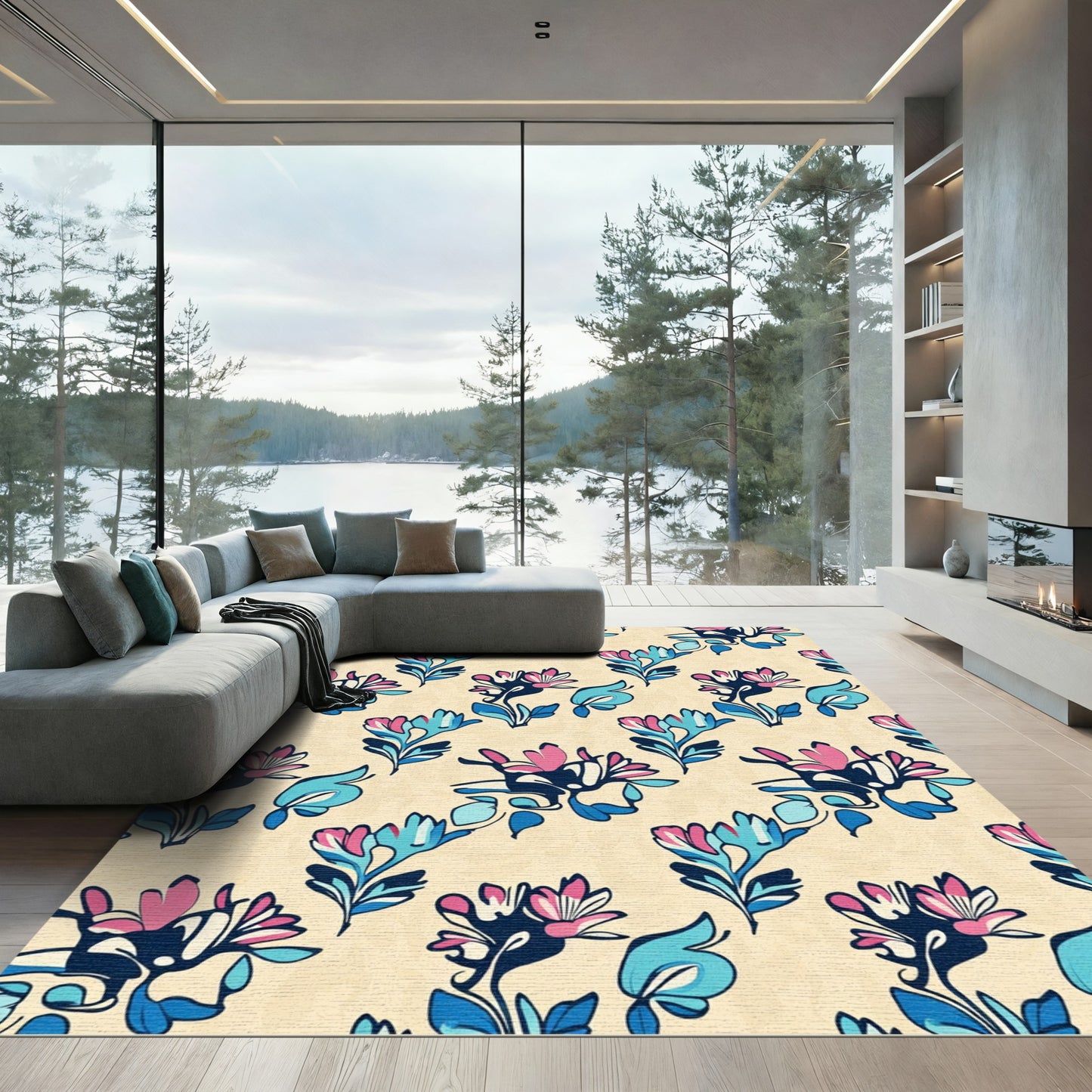 Bold Pink Blue Floral Swirl Rug