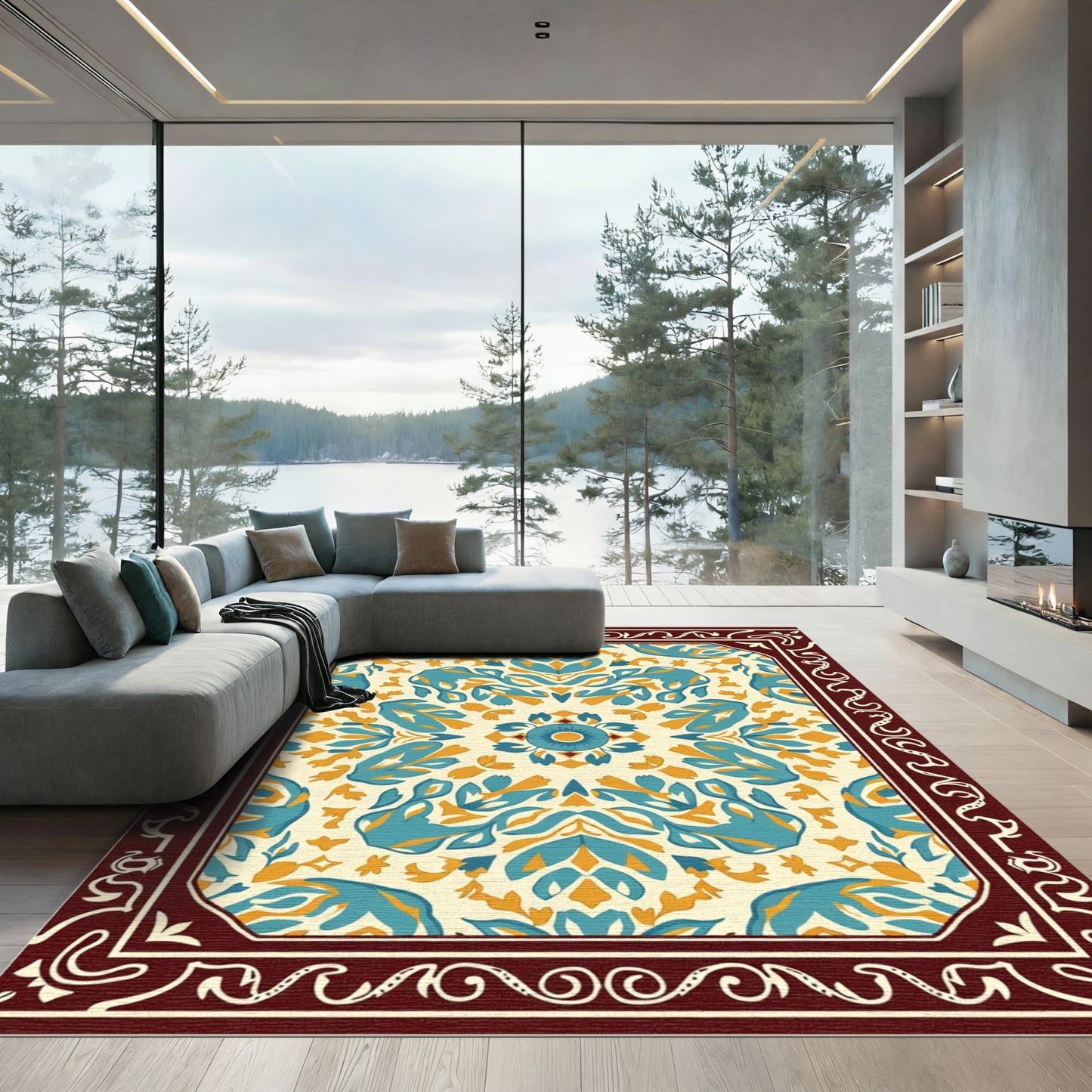 Ethereal Teal Ochre Blossom Symmetry Rug