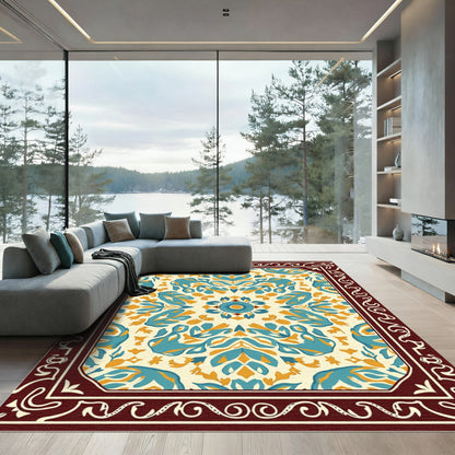 Ethereal Teal Ochre Blossom Symmetry Rug