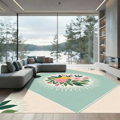 Soft Teal Pink Yellow Floral Medallion Rug