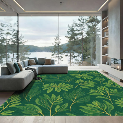 Emerald Green Botanical Leaf Design Rug