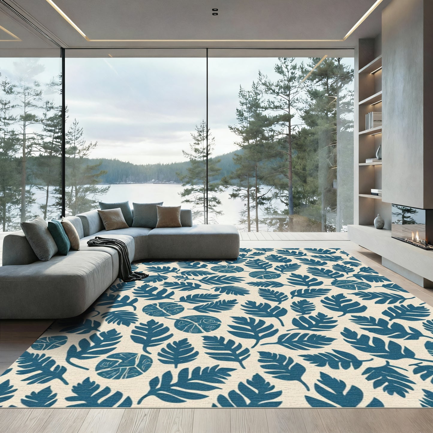 Dark Teal Leaf Collage Rug
