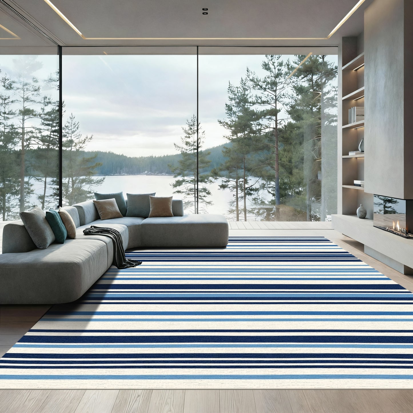 Navy Blue Cream Stripe Ensemble Rug