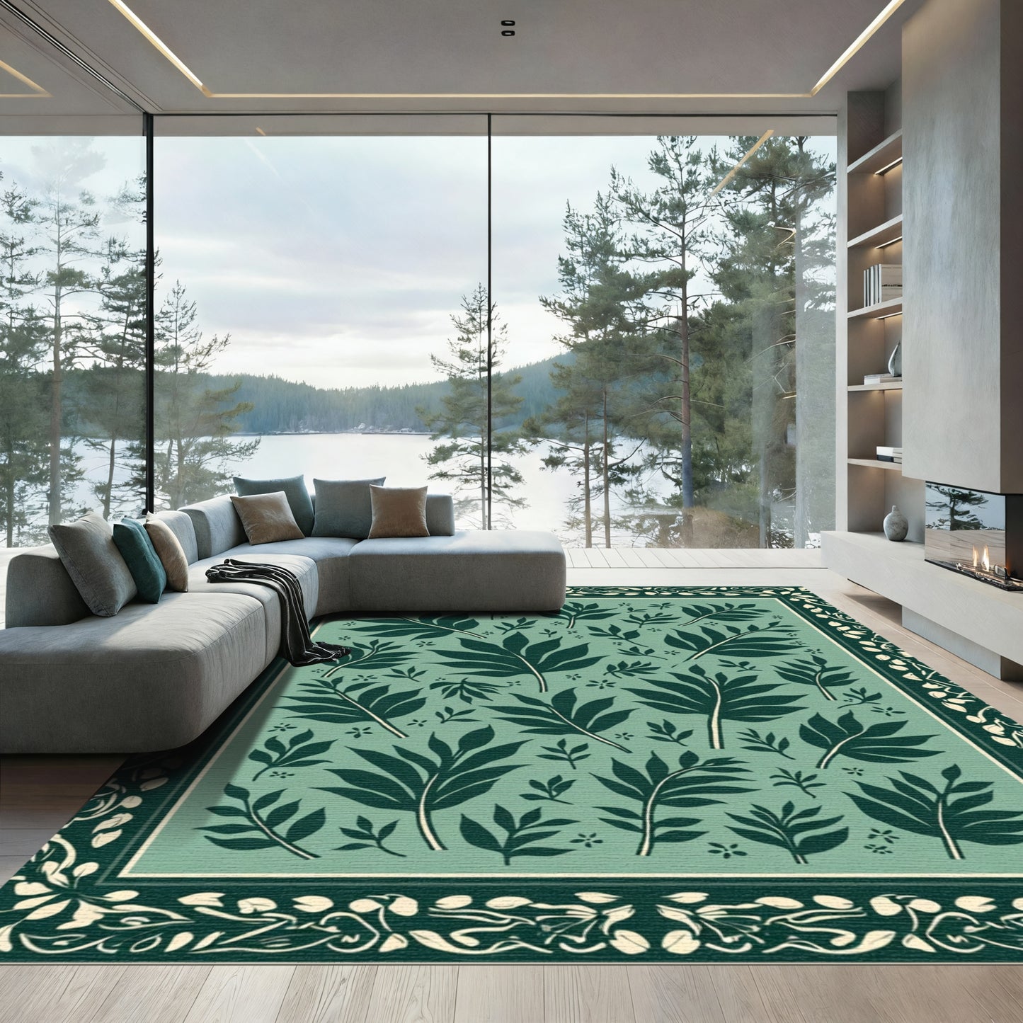 Dark Teal Leaf Botanical Frame Rug