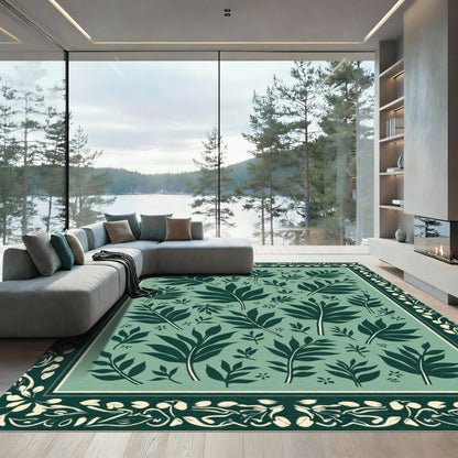 Dark Teal Leaf Botanical Frame Rug