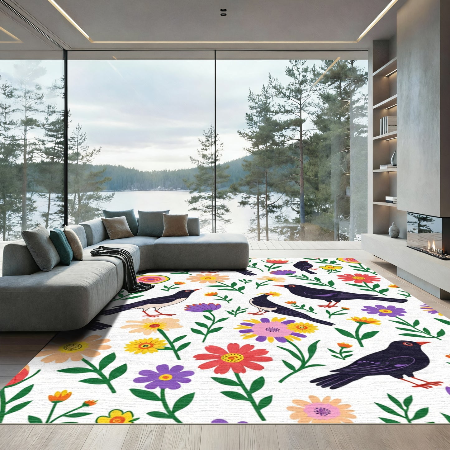 Whimsical Black Birds Garden Collage Rug