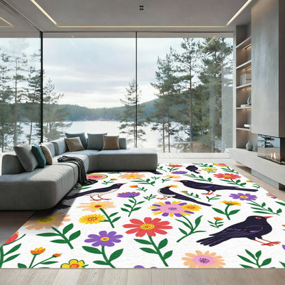 Whimsical Black Birds Garden Collage Rug