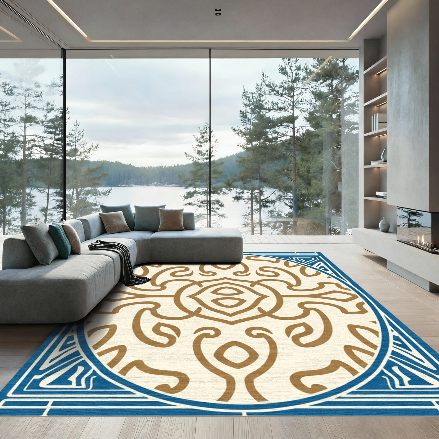 Cream Gold Blue Ornamental Medallion Rug