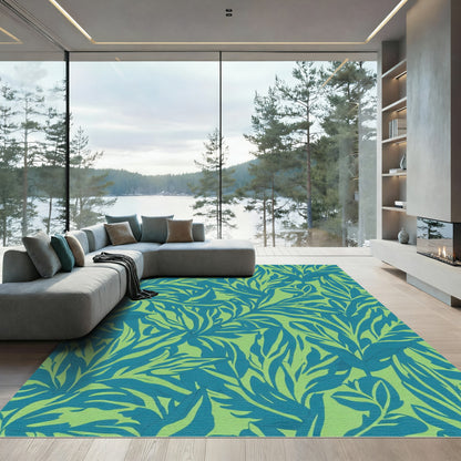 Teal Tropical Leaf Pattern Rug