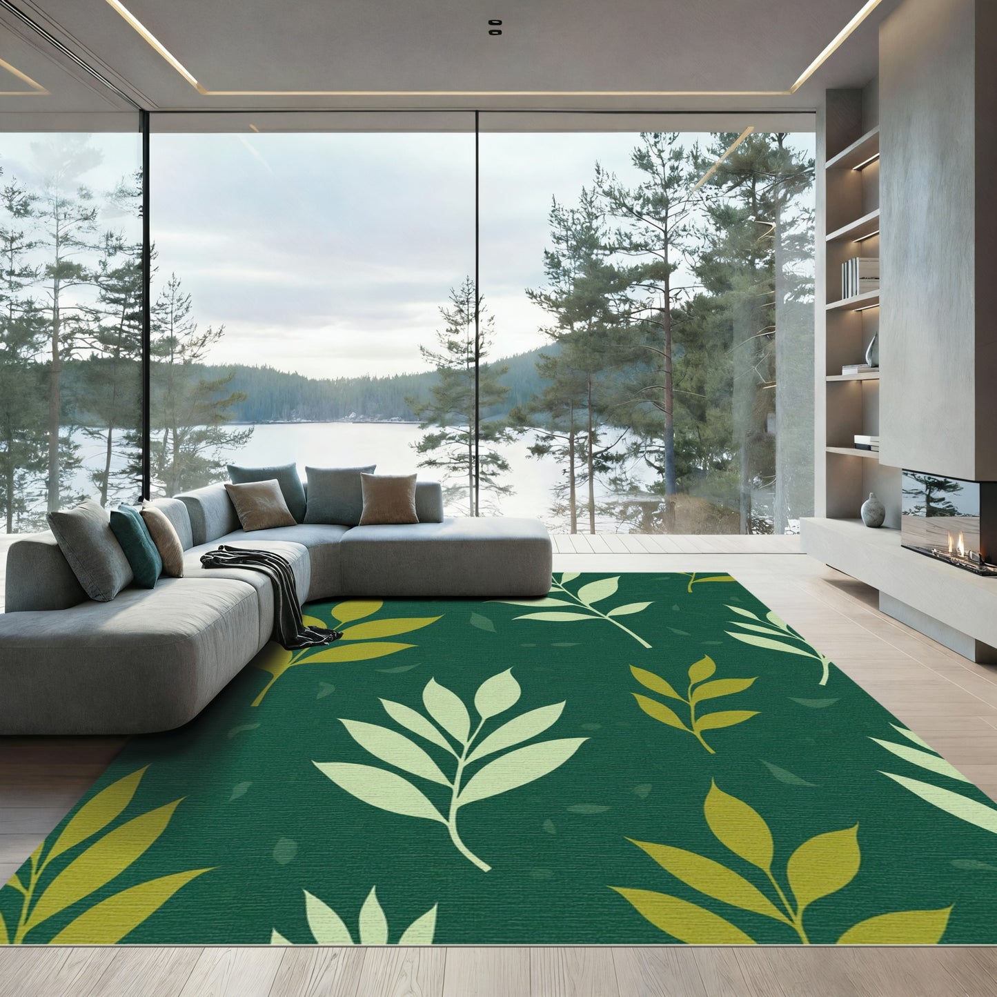 Emerald Forest Leaf Branch Arrangement Rug