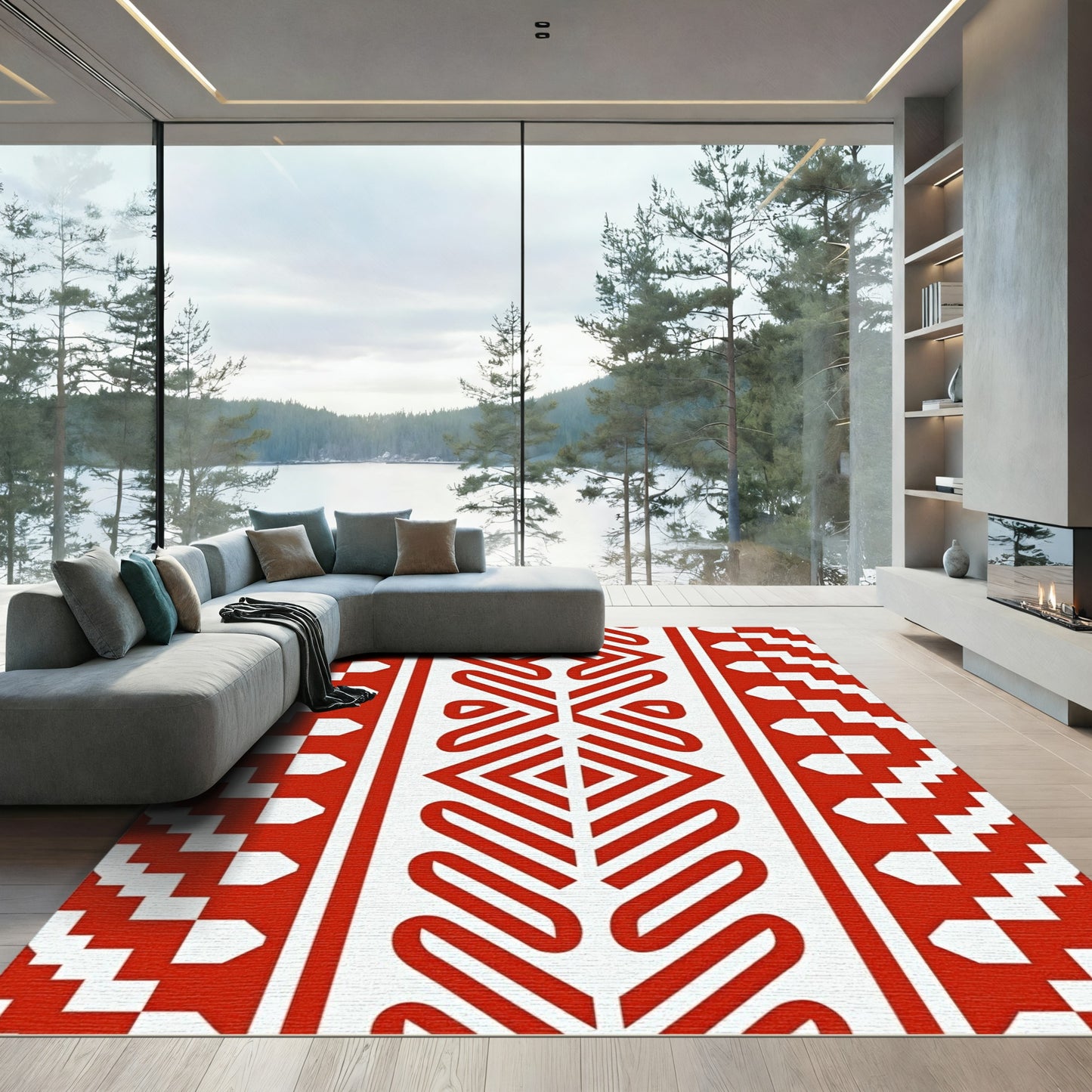 Bold Red Geometric Stair Step Rug