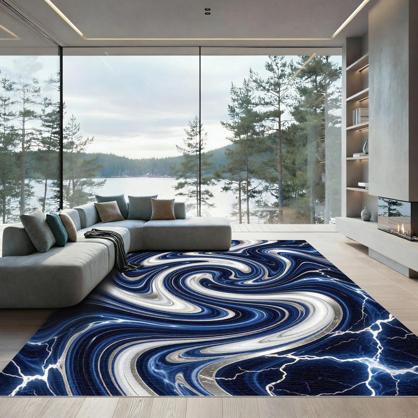 Deep Blue Swirling Marble Lightning Rug