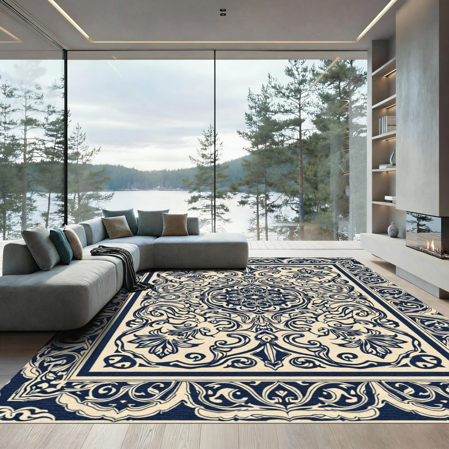 Cream Navy Floral Medallion Scroll Rug