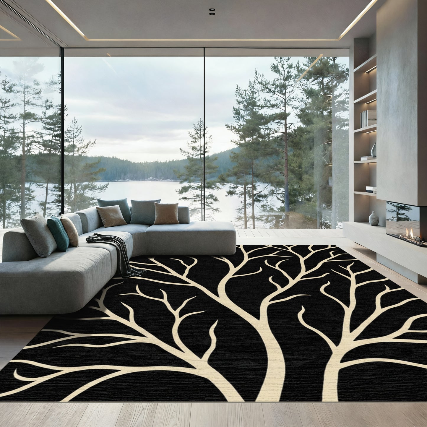 Cream Tree Branch Black Composition Rug