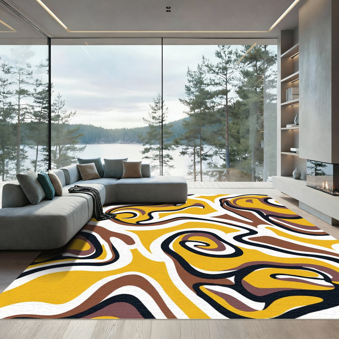 Yellow Swirl Organic Abstract Design Rug