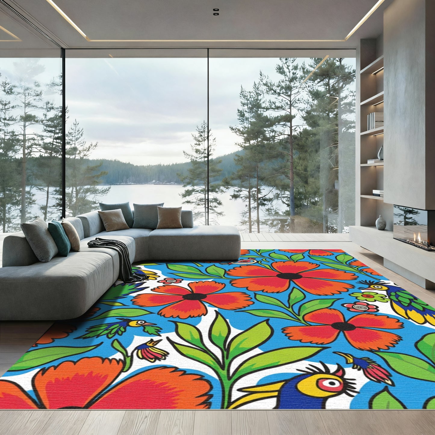 Bright Teal Floral Birds Garden Rug