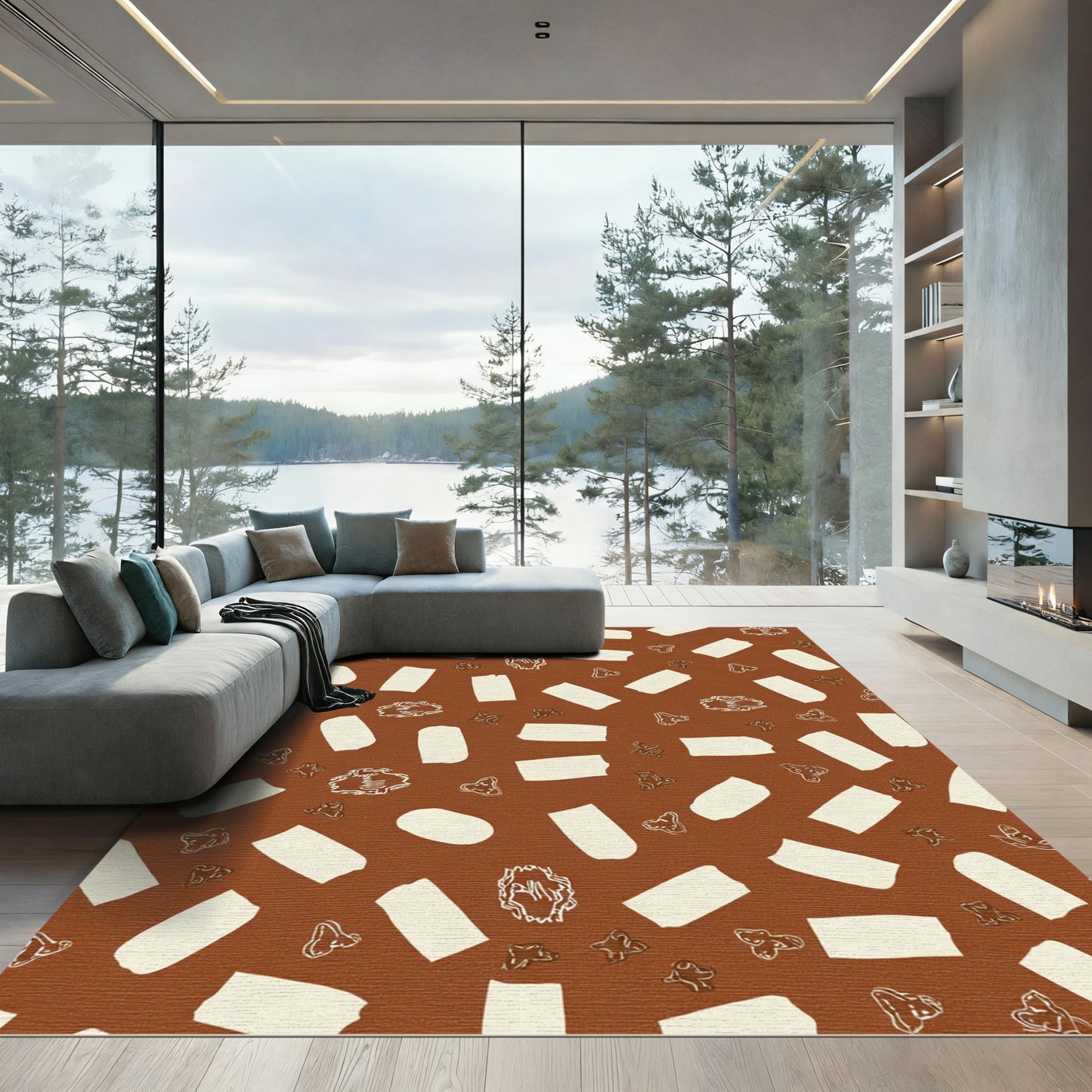 Cream Shapes Scatter On Brown Field Rug