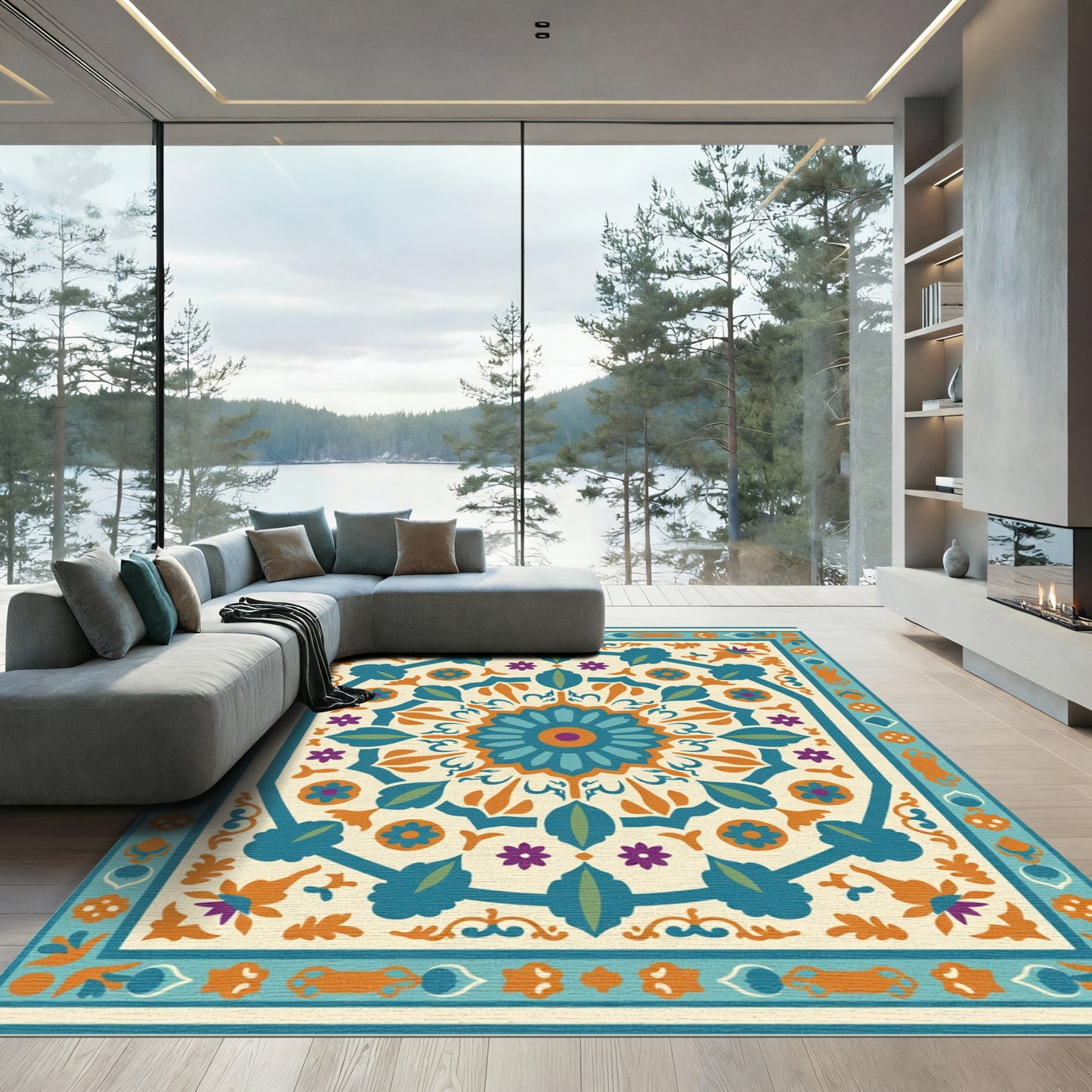 Turquoise Orange Floral Medallion Rug