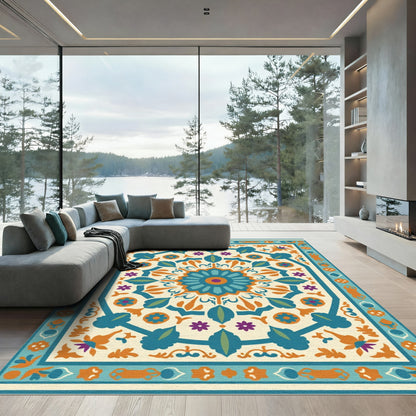 Turquoise Orange Floral Medallion Rug