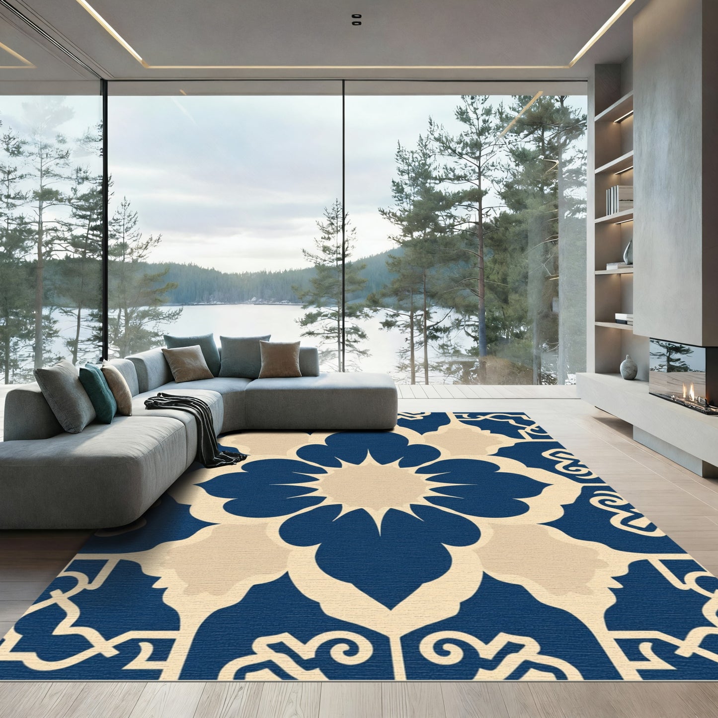 Indigo Cream Floral Mandalas Rug
