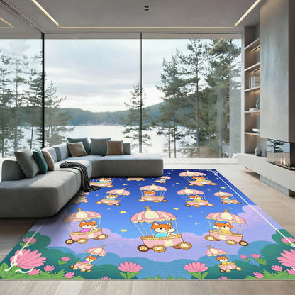 Whimsical Fox Hot Air Balloon Night Sky Rug