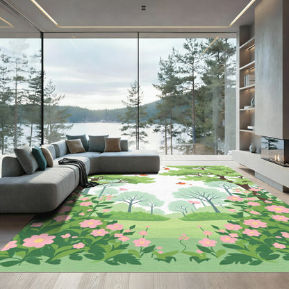 Whimsical Pink Floral Bird Forest Rug