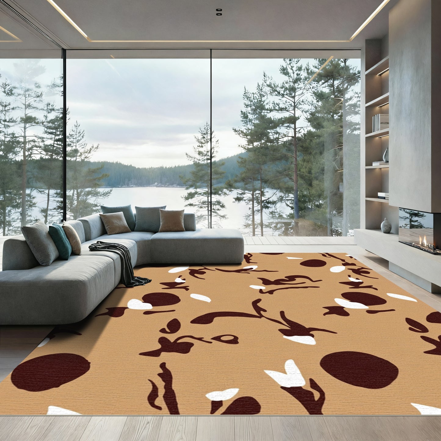Brown White Abstract Organic Shapes Rug