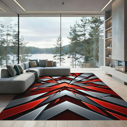 Bold Red Silver Geometric Explosive Rug