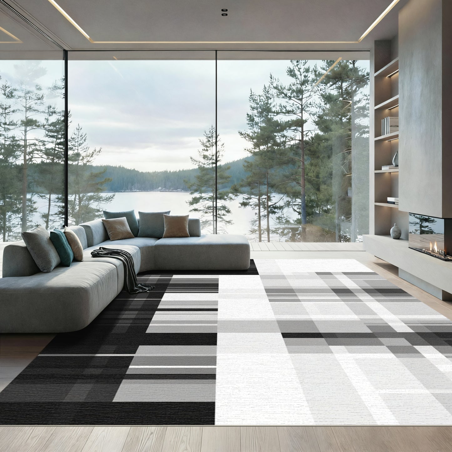 Monochrome Geometric Block Plaid Rug