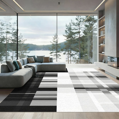 Monochrome Geometric Block Plaid Rug