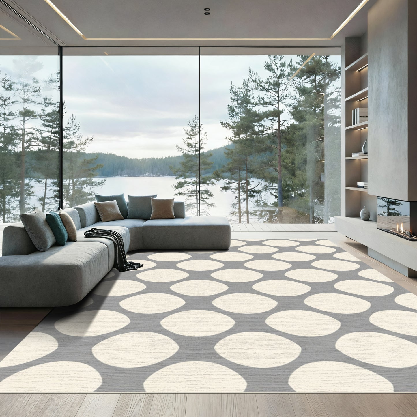 Soft Gray Cream Polka Dot Overlay Rug