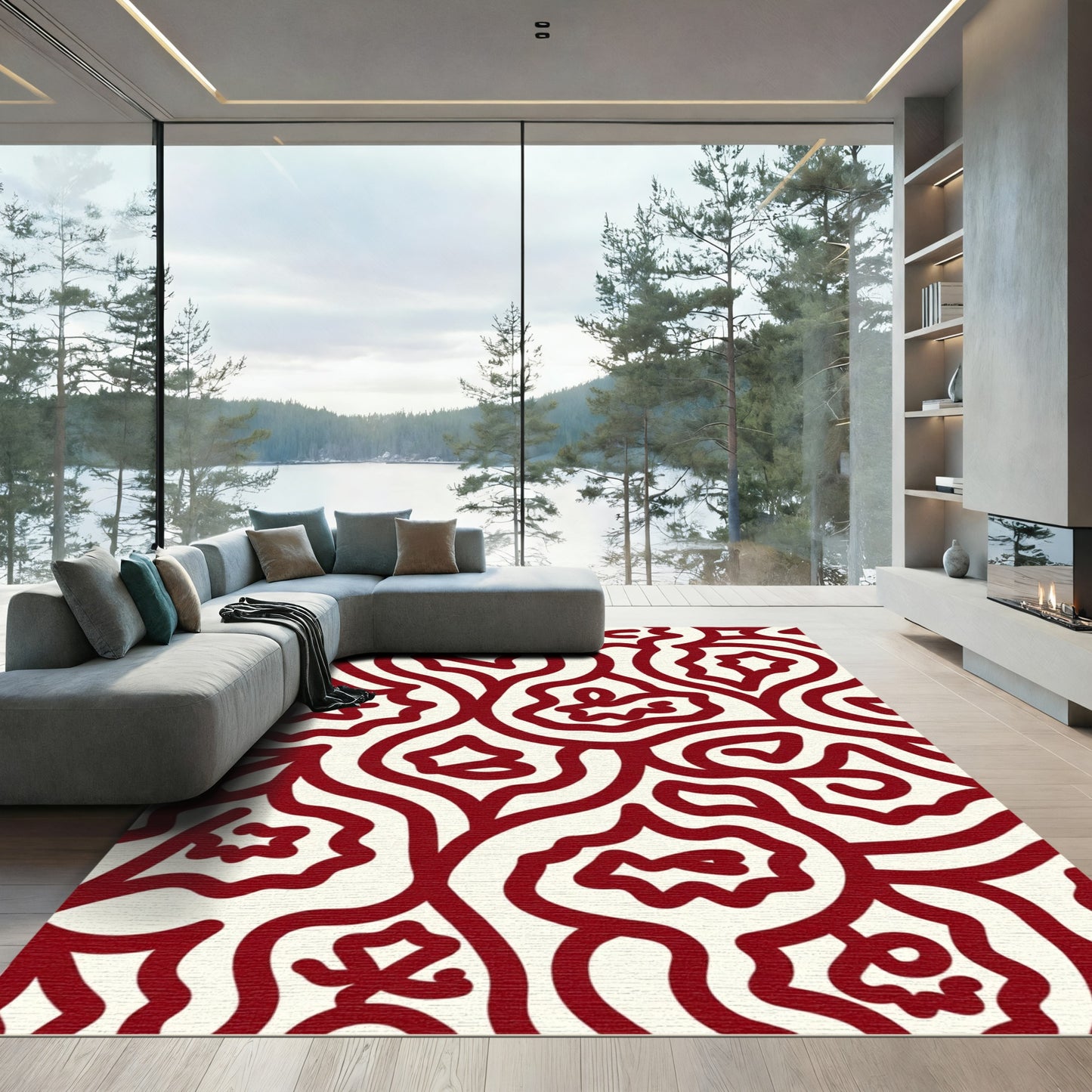 Crimson Ivory Abstract Organic Swirl Rug