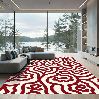 Crimson Ivory Abstract Organic Swirl Rug