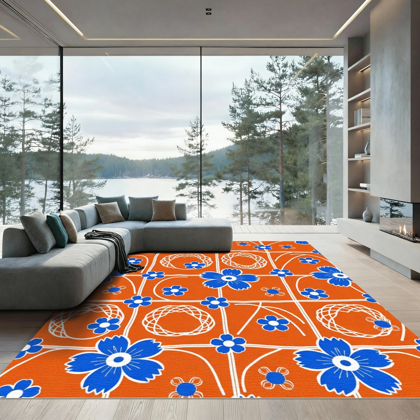 Orange Blue Floral Grid Medallion Rug