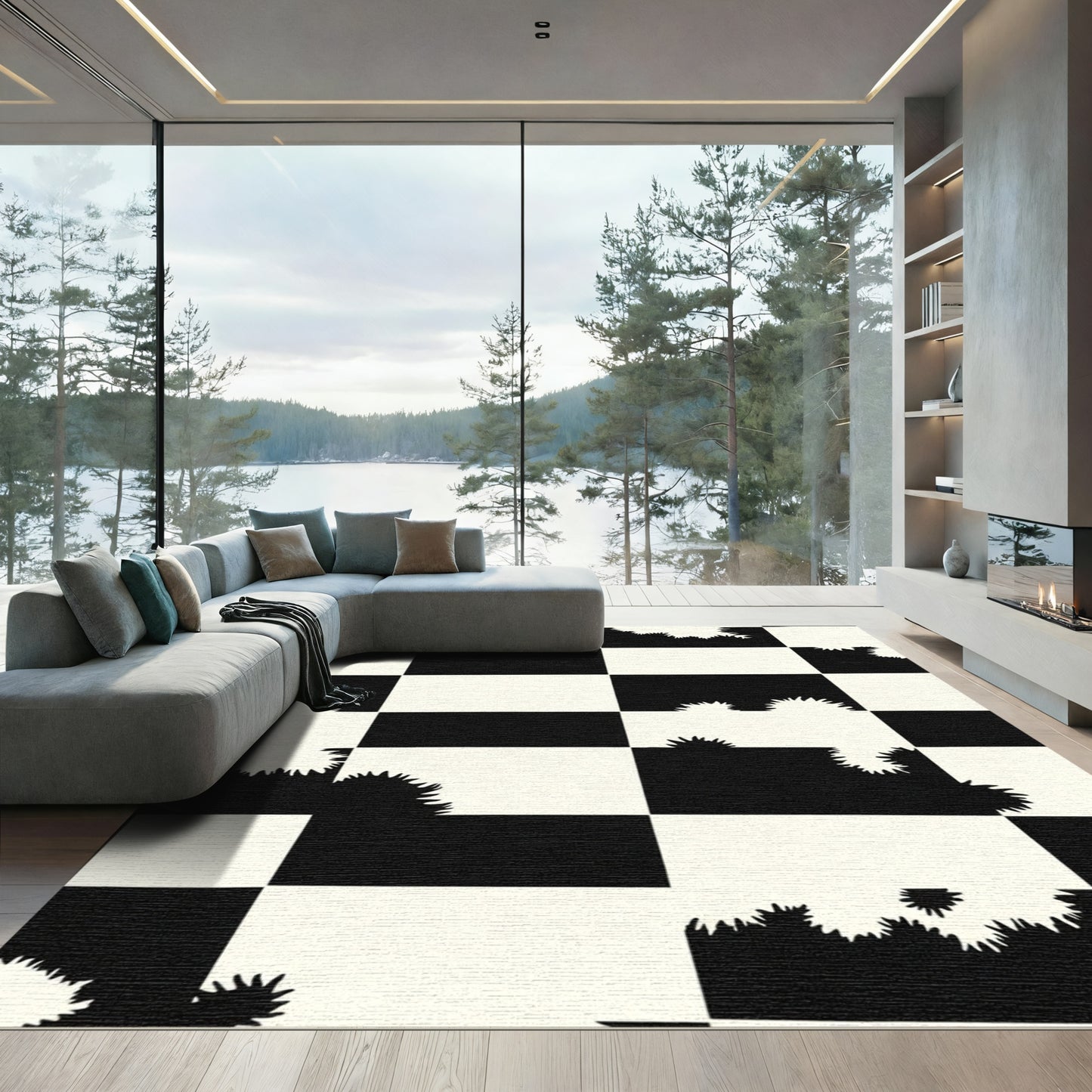 Black White Jagged Square Check Rug