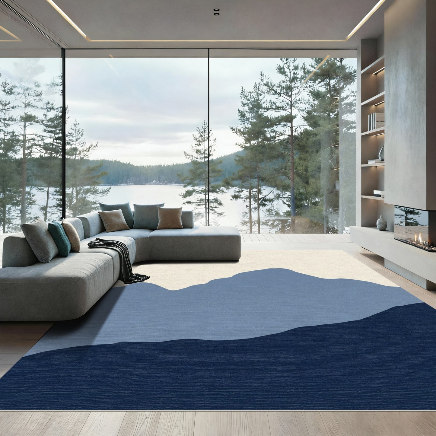 Serene Blue Misty Mountain Layers Rug
