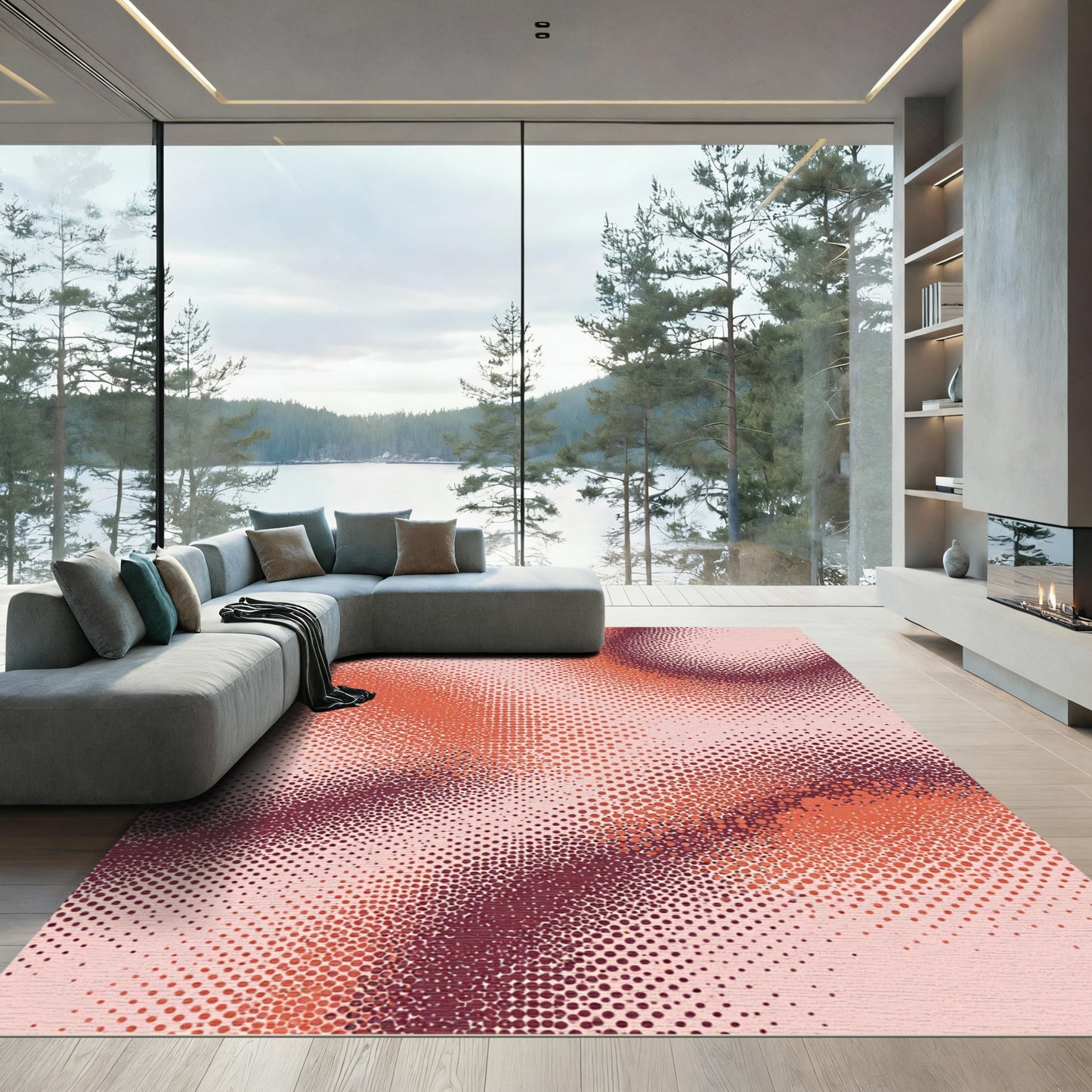Earthy Orange Red Halftone Ribbons Rug