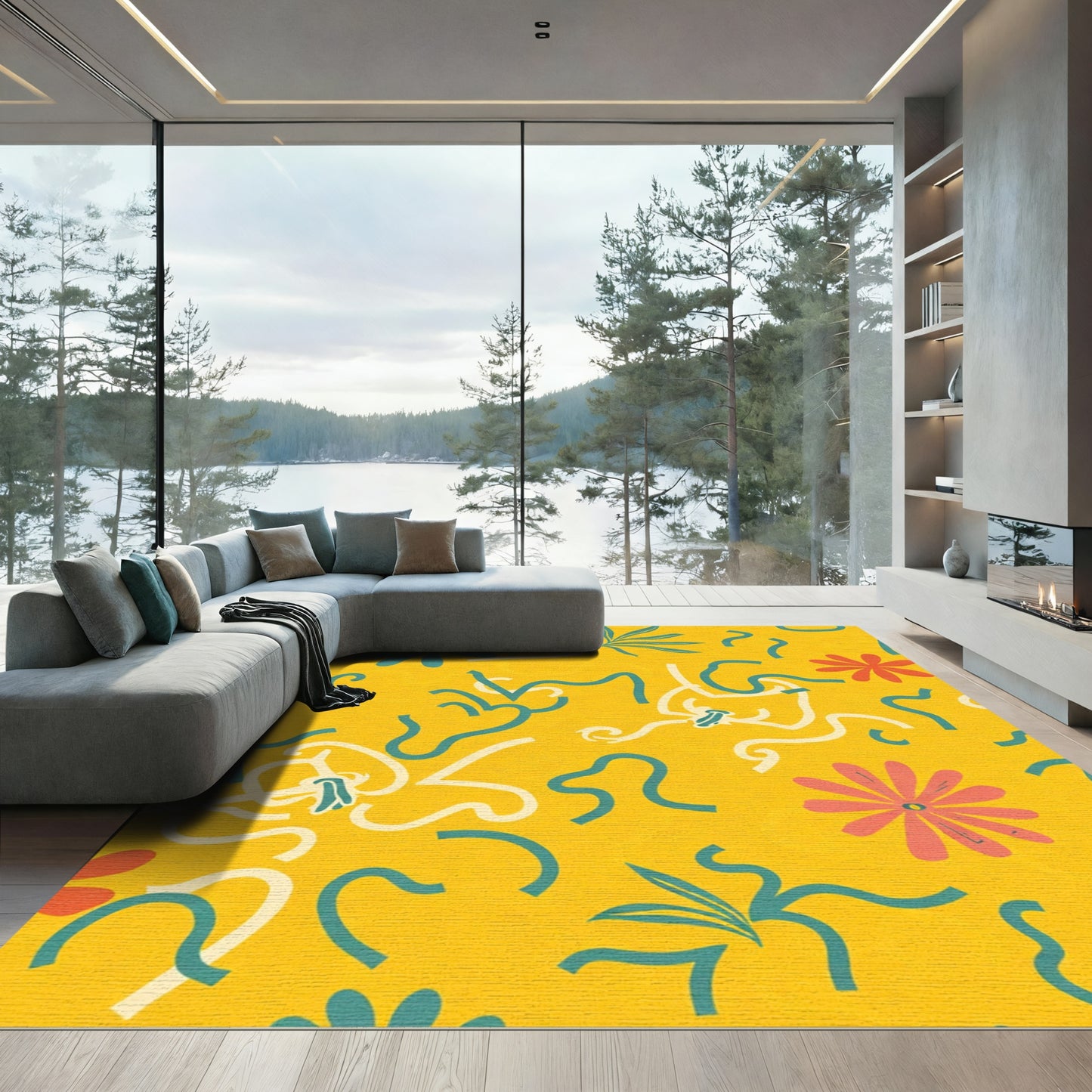 Golden Yellow Floral Abstract Swirls Rug