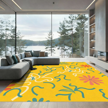 Golden Yellow Floral Abstract Swirls Rug
