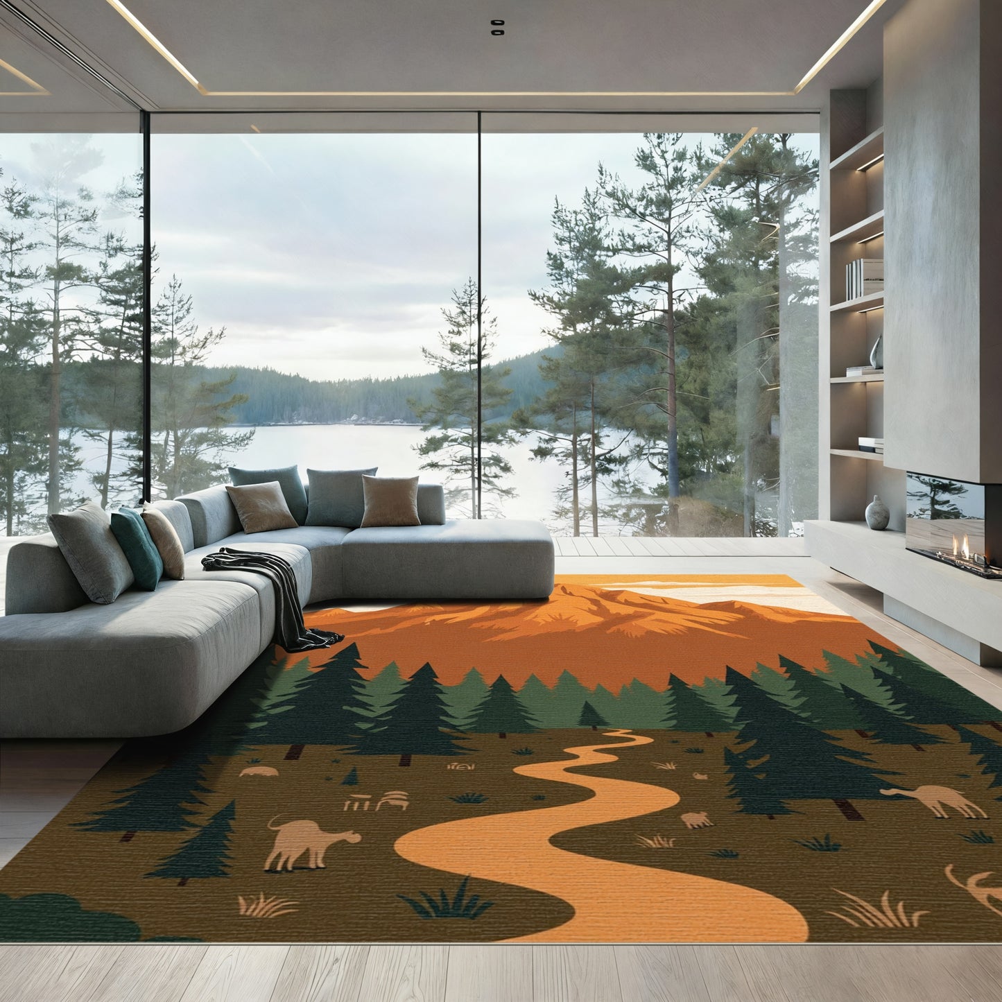 Orange Mountain Forest Pathway Animals Rug