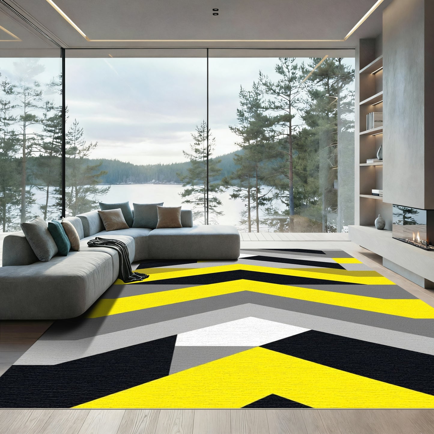 Modern Yellow Gray Black Chevron Rug