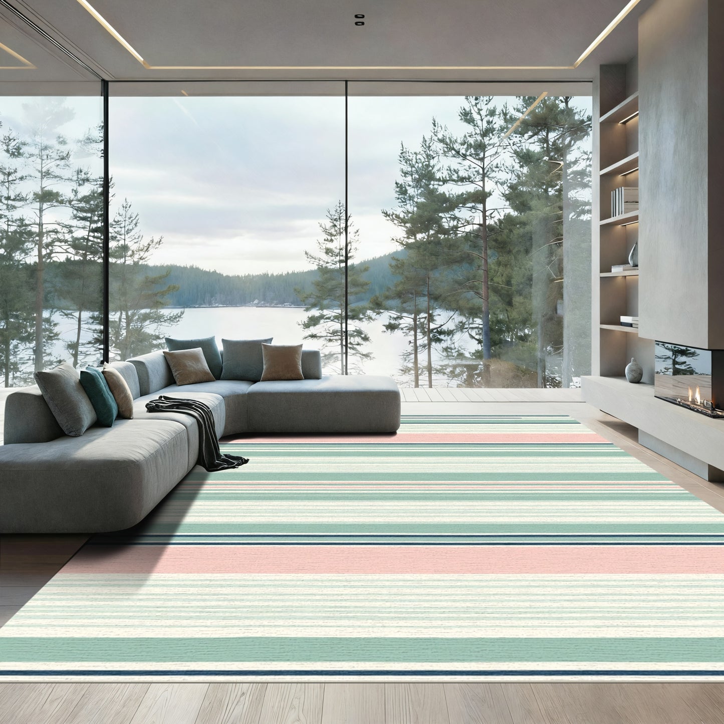 Modern Soft Striped Coral Green Rug
