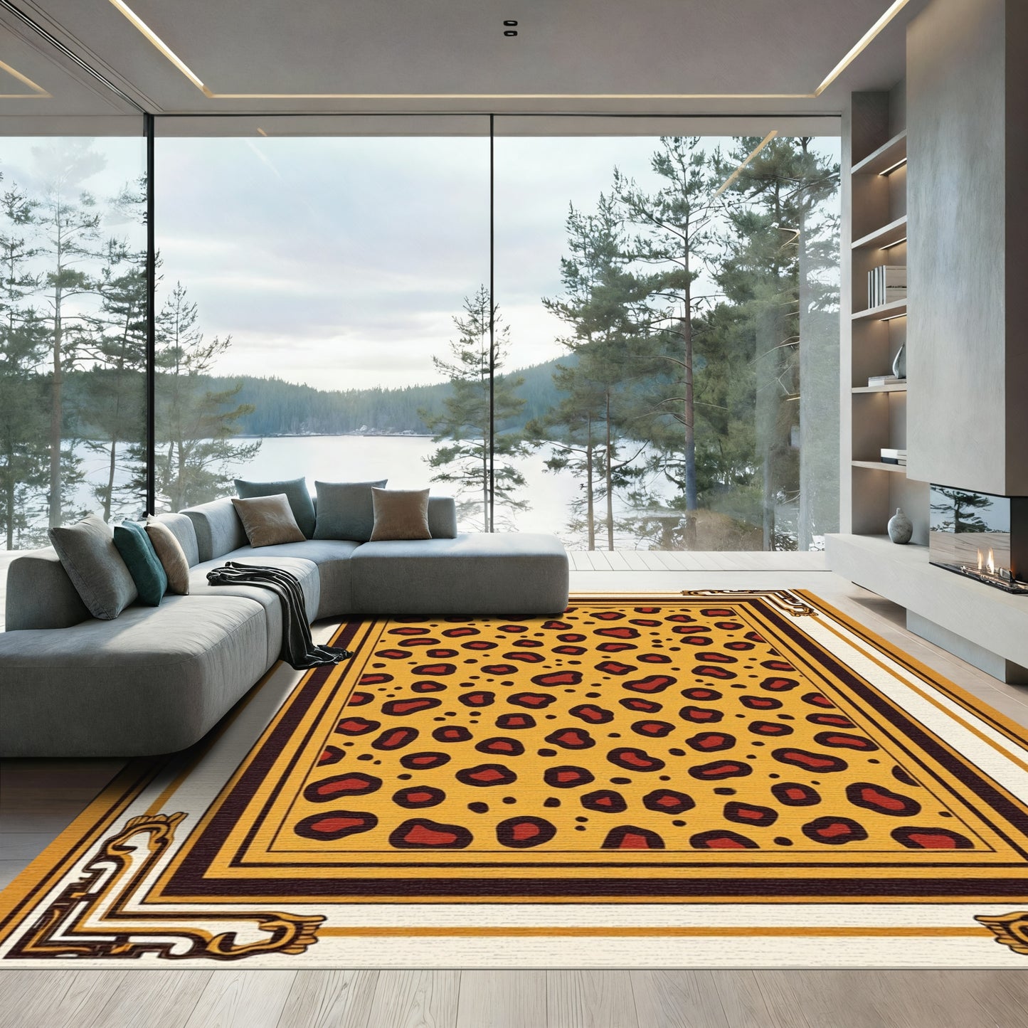 Golden Spotted Wild Cat Art Frame Rug