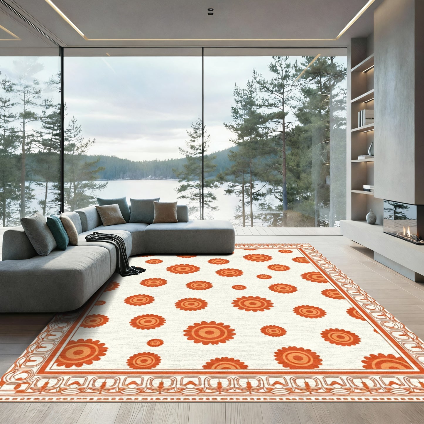 Orange Floral Medallion Bordered Rug