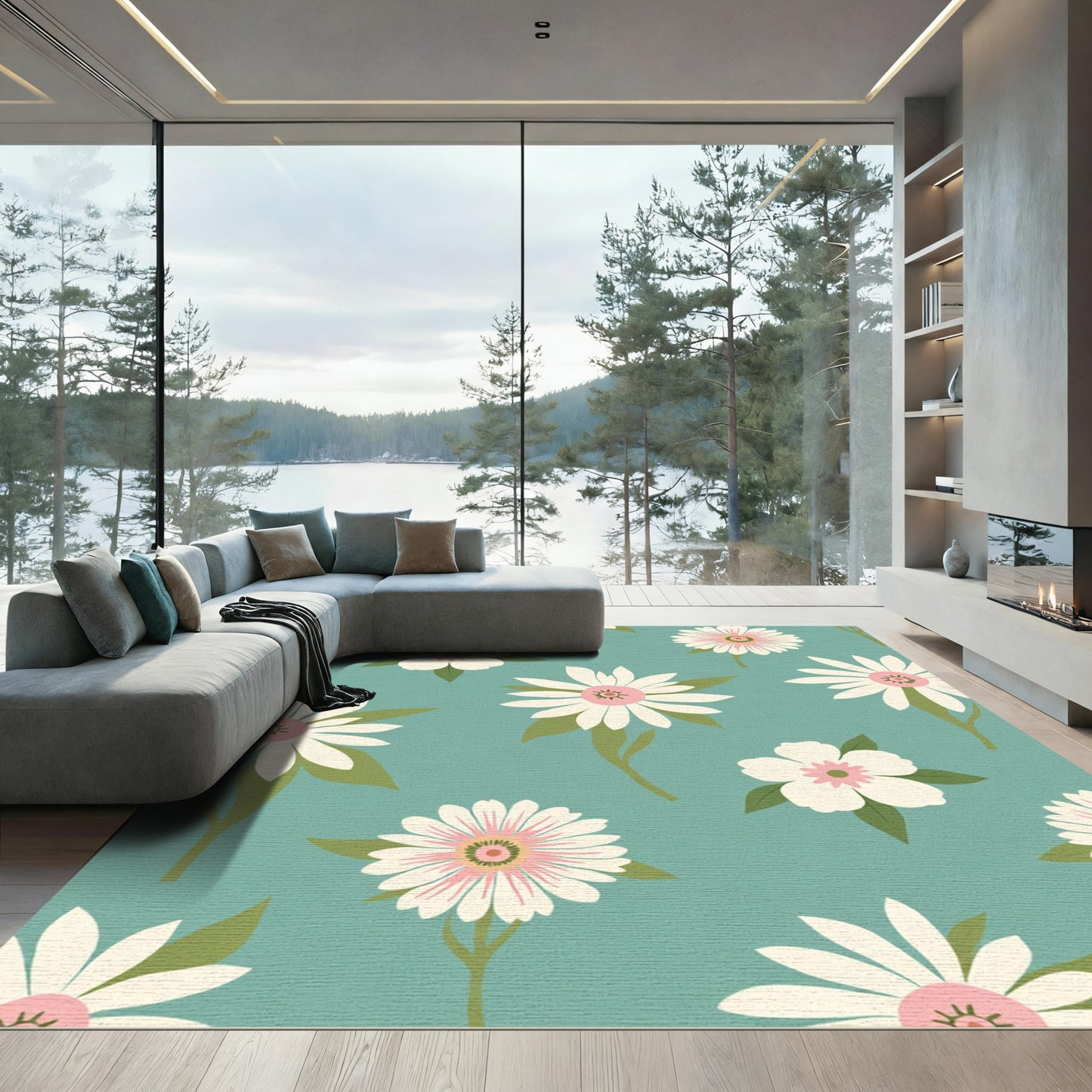 Soft White Pink Daisy Field Rug
